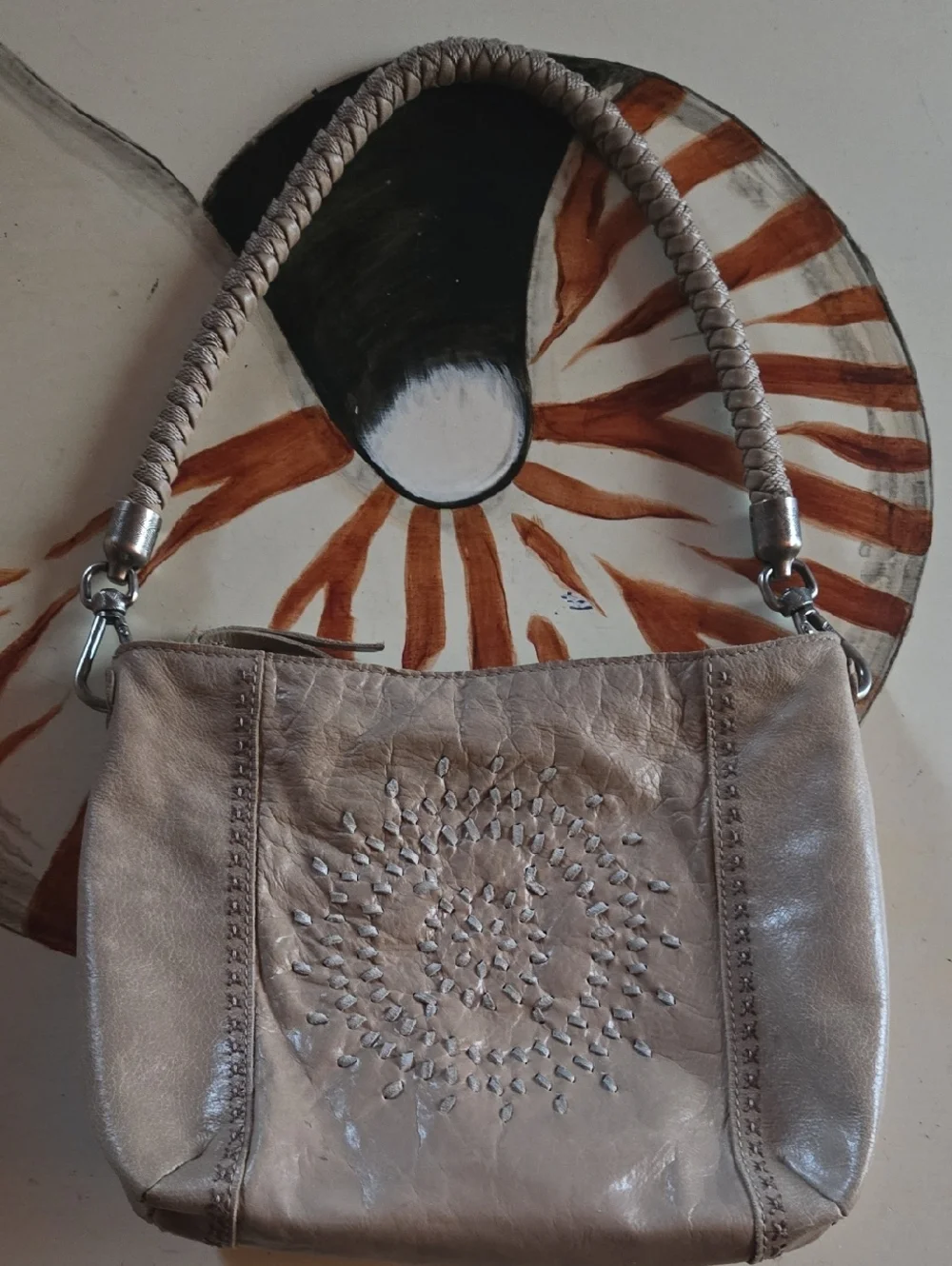 The Sak Tan Indio Leather Handbag With Whipstitch Accent And Braided Strap